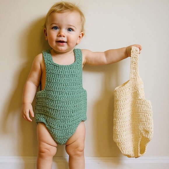 Pair of Hand Knit Cotton Baby Rompers - Picture 4 of 8